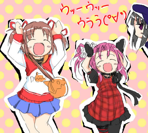 3girls amatsuka_nijiko amatsuka_urara amatsuka_yuuna arms_up baby_princess bag beret black_hair blush blush_stickers brown_hair caramelldansen choker closed_eyes dress gloves hair_ribbon handbag hat kojima_tsuma lowres multiple_girls open_mouth parody pink_hair plaid polka_dot popotan ribbon short_twintails skirt translation_request twintails violet_eyes