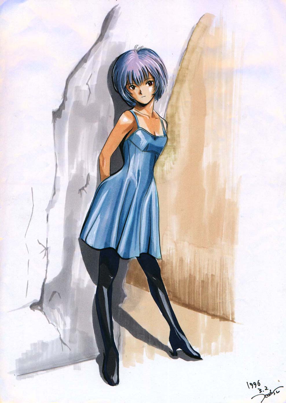 ayanami_rei blue_hair boots dress high_heels highres neon_genesis_evangelion pantyhose red_eyes shoes thigh-highs thigh_boots