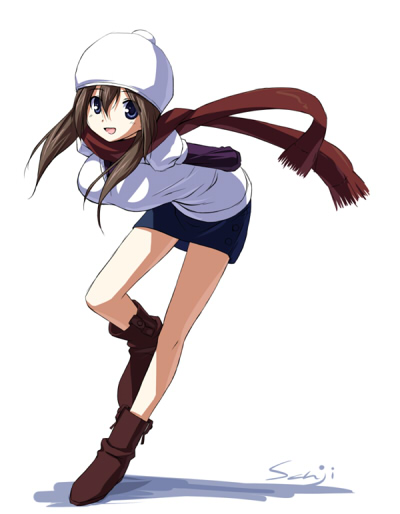 1girl :d arms_behind_back beanie blue_eyes boots breasts brown_hair fringe full_body hair_between_eyes hat large_breasts leaning_forward long_hair looking_at_viewer miniskirt open_mouth original oyu pencil_skirt puffy_short_sleeves puffy_sleeves red_scarf scarf shade short_over_long_sleeves short_sleeves skirt smile solo standing standing_on_one_leg undershirt v-neck white_background winter_clothes