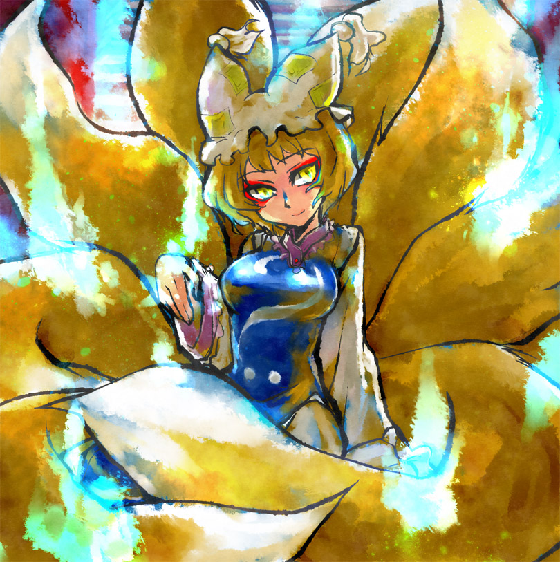 1girl blonde_hair breasts dress female fox_tail hat hat_with_ears kinkirara large_breasts long_sleeves multiple_tails pillow_hat queen_qko short_hair smile solo tail tassel touhou wide_sleeves yakumo_ran yellow_eyes