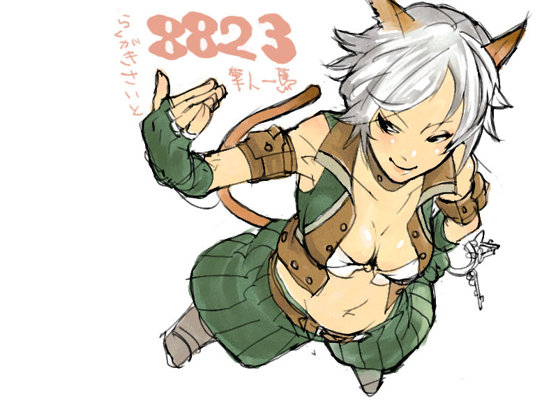 1girl animal_ears beckoning breasts cat_ears cat_tail final_fantasy final_fantasy_xi foreshortening from_above hand_on_hip large_breasts mithra navel short_hair solo tail thief_(final_fantasy) white_background white_hair