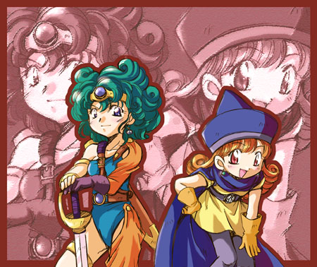 2girls :d alena_(dq4) asymmetrical_clothes belt bent_over blue_eyes blush cape chunsoft circlet curly_hair dragon_quest dragon_quest_iv dress earrings enix flat_chest gem gloves green_hair hand_on_hip hat heroine_(dq4) jewelry leotard long_hair lowres multiple_girls open_mouth orange_hair pantyhose red_eyes redhead short_dress short_hair skirt smile standing sword thigh_strap weapon yellow_skirt zoom_layer