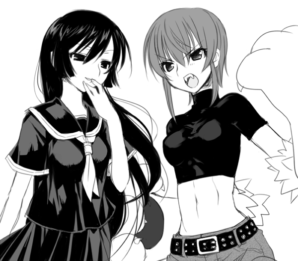 2girls abs babydoll_t-shirt crop_top kaibutsu_oujo kamura_reiri kooriyama_ichirou koriyama_shashi long_hair midriff monochrome multiple_girls neckerchief paws riza_wildman school_uniform serafuku short_hair vampire