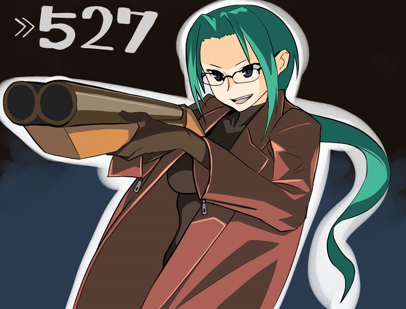 1girl :d aiming black_background blue_background blue_eyes breasts cowboy_shot directional_arrow foreshortening from_side glasses gloves green_hair gun happy holding holding_gun holding_weapon long_hair long_sleeves looking_to_the_side nitroplus number open_clothes open_mouth outline ponytail ryman sawed-off_shotgun saya_no_uta shotgun sidelocks simple_background slit_pupils smile solo tanbo_ryouko trench_coat two-tone_background very_long_hair weapon zipper