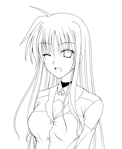 1girl ;d breasts buttons choker cleavage fate_testarossa kirisaki_byakko long_hair long_sleeves looking_at_viewer lyrical_nanoha mahou_shoujo_lyrical_nanoha mahou_shoujo_lyrical_nanoha_strikers monochrome one_eye_closed open_mouth sidelocks simple_background smile solo very_long_hair white_background