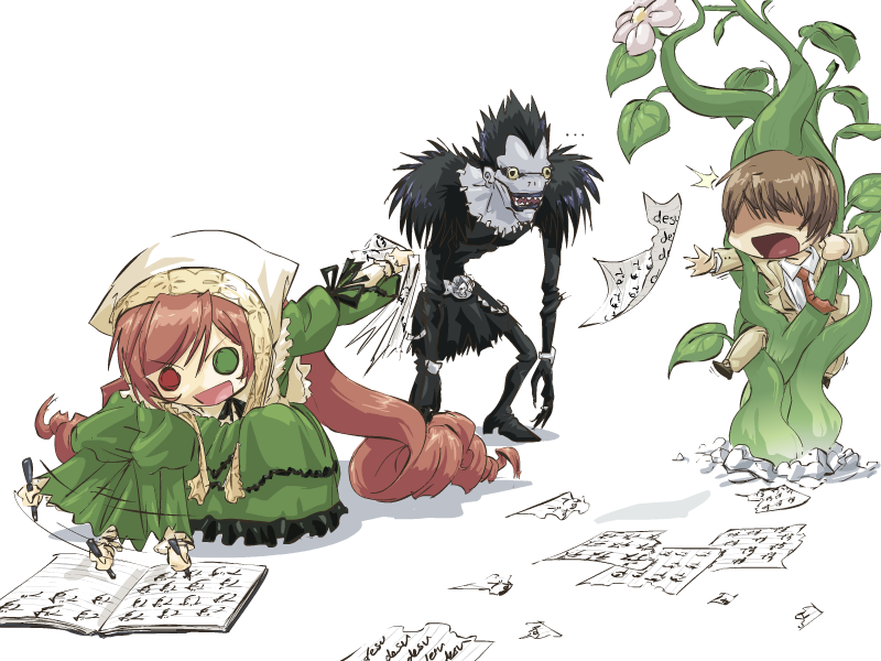 00s 1girl 2boys afterimage book brown_hair crossover death_note death_note_(object) desu flower heterochromia john_su multiple_boys necktie notebook plant pun rozen_maiden ryuk shinigami suiseiseki yagami_light