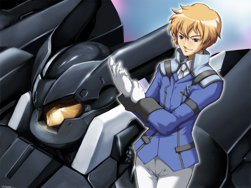 1boy armor blonde_hair blue_eyes caryo closed_mouth gloves graham_aker gundam gundam_00 long_sleeves machinery male_focus military military_uniform smirk solo standing tabigarasu uniform union_flag white_gloves