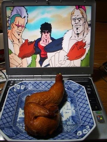 2d_dating 3boys computer food hokuto_no_ken kenshirou laptop lonely looking_at_viewer lowres male_focus manly meat multiple_boys parody photo