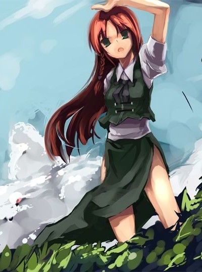 1girl china_dress chinese_clothes dress female green_eyes hong_meiling outdoors redhead shimadoriru sky solo the_embodiment_of_scarlet_devil touhou