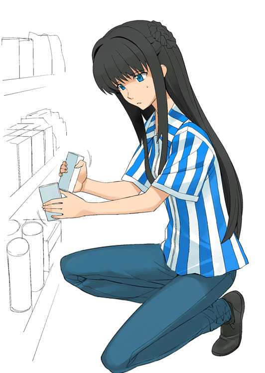 1girl a1 black_hair blue_eyes convenience_store gundam gundam_00 hair_intakes half_updo kneeling marina_ismail shirt shop sidelocks solo striped striped_shirt