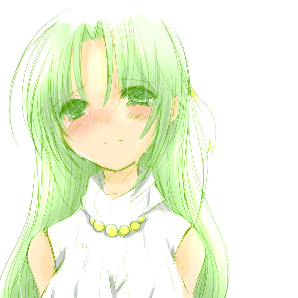 bare_shoulders green_eyes green_hair higurashi_no_naku_koro_ni kagoya_(artist) long_hair sleeveless sleeveless_turtleneck sonozaki_shion tears turtleneck