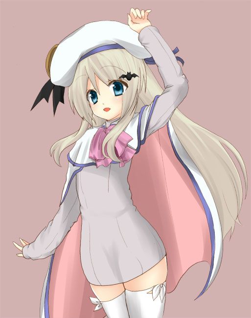 1girl blue_eyes bow cape hat little_busters!! long_hair masayu noumi_kudryavka pink_bow silver_hair solo thigh-highs