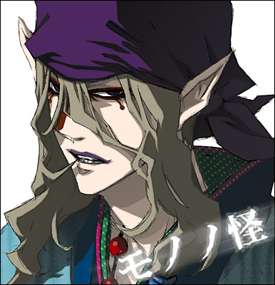 1boy angry bandanna blonde_hair blue_eyes copyright_name do-rag face facepaint facial_mark hair_in_mouth japanese_clothes jewelry kimono kusuriuri_(mononoke) lipstick looking_at_viewer lowres makeup male_focus mononoke necklace open_mouth pointy_ears profile solo