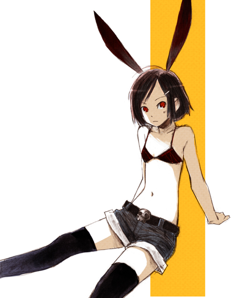 1girl animal_ears arm_support bangs bare_shoulders belt belt_buckle bikini bikini_top black_hair bob_cut cutoffs denim denim_shorts expressionless flat_chest hair_ornament hairclip looking_back midriff minatsuki_randoseru original parted_bangs rabbit_ears red_eyes shorts sitting skull solo swimsuit thigh-highs zettai_ryouiki