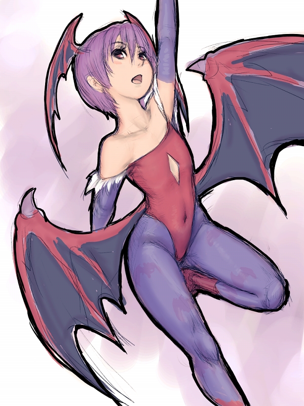 1girl bat_print blush capcom demon_girl elbow_gloves flat_chest fumio_(rsqkr) gloves head_wings lilith_aensland pantyhose patterned_legwear print_legwear purple_hair purple_legwear red_eyes short_hair solo succubus thighs vampire_(game) wings