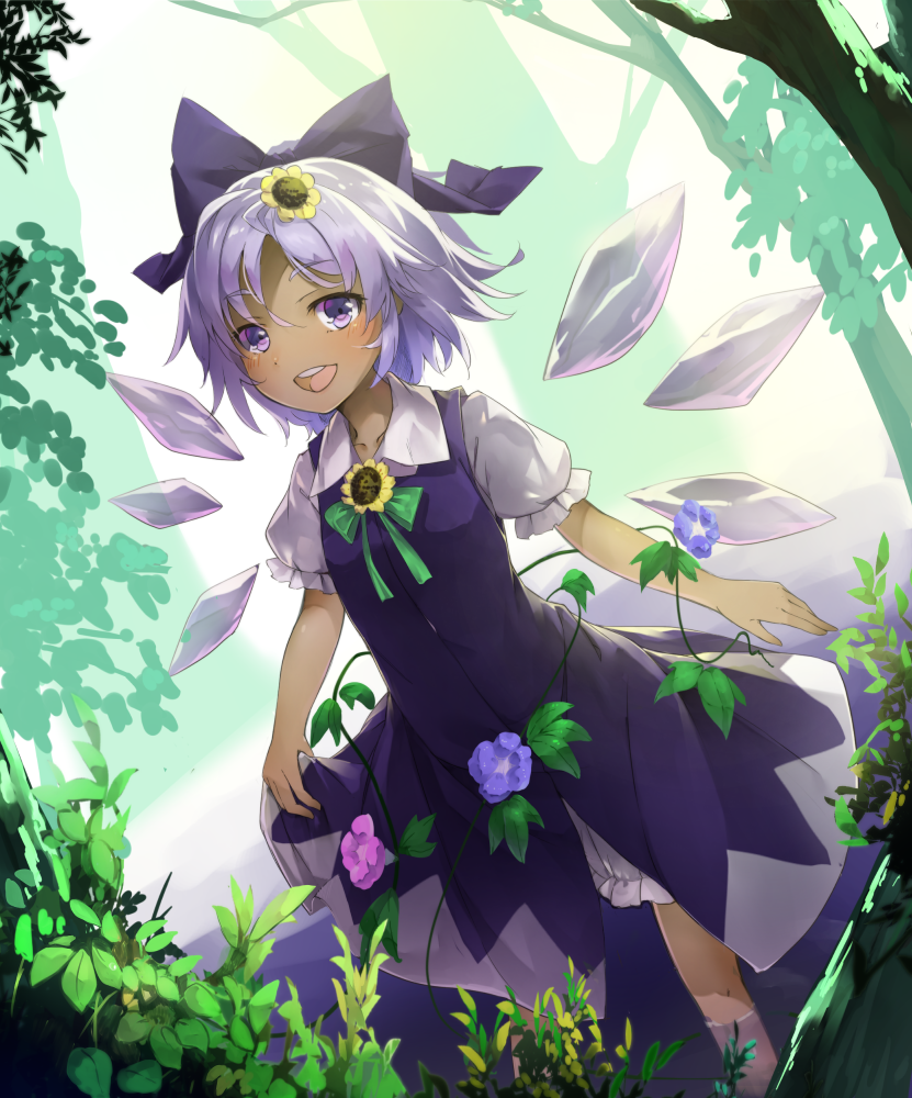 1girl :d bloomers blue_bow blue_dress blue_eyes blue_hair blush bow cirno cowboy_shot dress flower forest hair_bow hair_flower hair_ornament hidden_star_in_four_seasons ice ice_wings looking_at_viewer nature open_mouth piyodesu puffy_short_sleeves puffy_sleeves short_sleeves smile solo sunflower tan touhou underwear wings