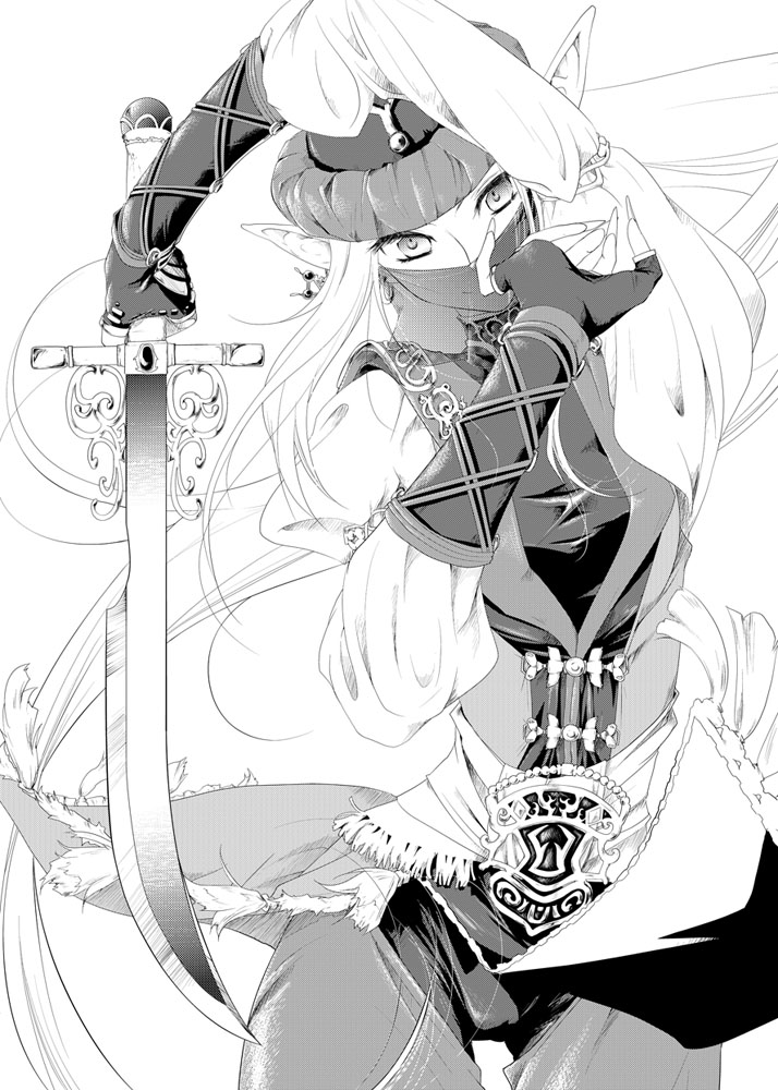 1girl blue_mage elf elvaan final_fantasy final_fantasy_xi gloves monochrome pinky_out pointy_ears simple_background solo sword thigh_gap thighs toroshio weapon