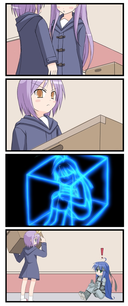 ! 4koma ahoge amamiya_minato blue_hair blush bow box cardboard_box coat comic cosplay crossover frown green_eyes hair_bow hiiragi_kagami hiiragi_tsukasa in_box in_container izumi_konata long_hair lucky_star metal_gear_(series) metal_gear_solid parody purple_hair school_uniform serafuku short_hair silent_comic solid_snake solid_snake_(cosplay) super_smash_bros. tareme twintails very_long_hair yellow_eyes