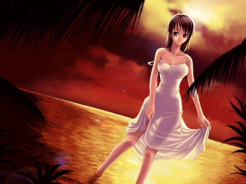 1girl 800x600 bare_arms beach breasts brown_eyes brown_hair cleavage collarbone dress dress_lift dusk feet_in_water female holding_clothes holding_dress kagami_hirotaka original solo standing water