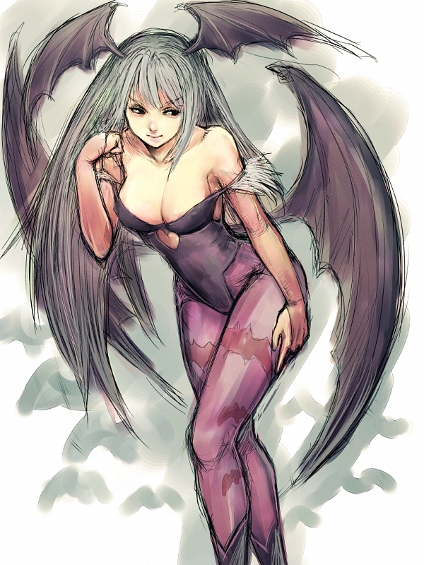 1girl bat_print boots breasts bridal_gauntlets capcom cleavage demon_girl elbow_gloves fumio_(rsqkr) gloves green_hair head_wings morrigan_aensland off_shoulder pantyhose patterned_legwear print_legwear solo succubus vampire_(game) wings