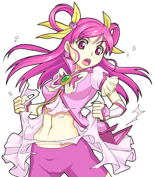 1girl abs caryo cure_dream magical_girl midriff nanashino pink precure purple_hair shorts_under_skirt solo tearing_clothes torn_clothes violet_eyes yes!_precure_5 yumehara_nozomi