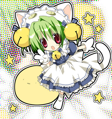 animal_ears animal_hat bell cat cat_hat cat_tail dejiko di_gi_charat gema gloves green_hair hat jingle_bell lowres maid open_mouth paco red_eyes smile star tail v zoom_layer