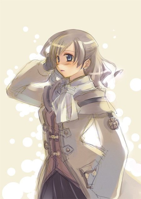 1girl arm_up beige_background black_gloves blue_eyes brown_hair buttons cowboy_shot emblem final_fantasy final_fantasy_xi gloves hume long_sleeves robe scholar short_hair simple_background solo