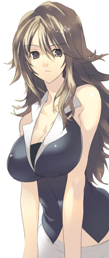 1girl bad_anatomy bad_proportions bare_shoulders breasts brown_eyes brown_hair cleavage closed_mouth flipped_hair frown gundam gundam_00 huge_breasts large_breasts light_brown_hair long_hair looking_at_viewer oka_asaha poorly_drawn simple_background sleeveless solo sumeragi_lee_noriega upper_body white_background