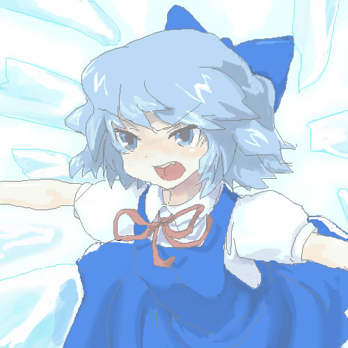 1girl 96 aliasing angry blue_eyes blue_hair bow cirno dress female hair_bow jpeg_artifacts lowres nannaru_(nananana) oekaki open_mouth outstretched_arms short_hair solo spread_arms the_embodiment_of_scarlet_devil touhou wings