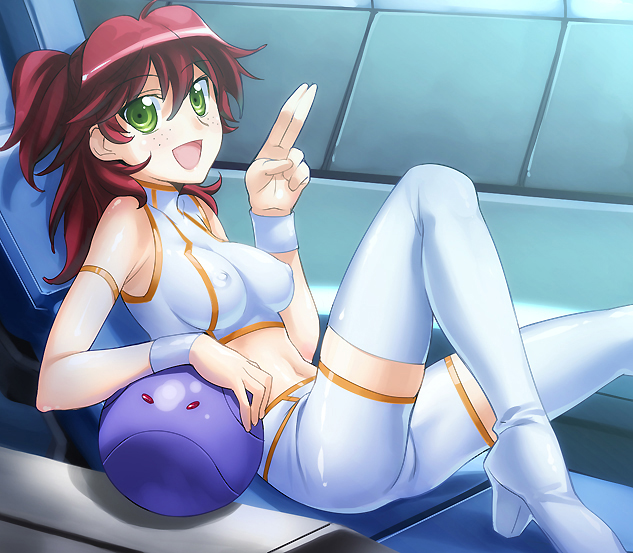 1girl bad_haro bike_shorts breasts chikugen_shiina crop_top erect_nipples freckles green_eyes gundam gundam_00 haro medium_breasts nena_trinity redhead solo thigh-highs two_side_up v yellow_eyes