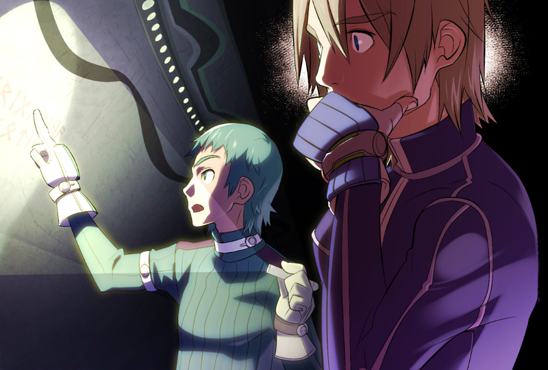 2boys arm_up blonde_hair blue_eyes dark fingerless_gloves flashlight gloves green_eyes green_hair hand_to_own_mouth holding long_sleeves male_focus multiple_boys nekonoji open_mouth original phantasy_star phantasy_star_universe pointing reading surprised tensugi_takashi thinking turtleneck white_gloves