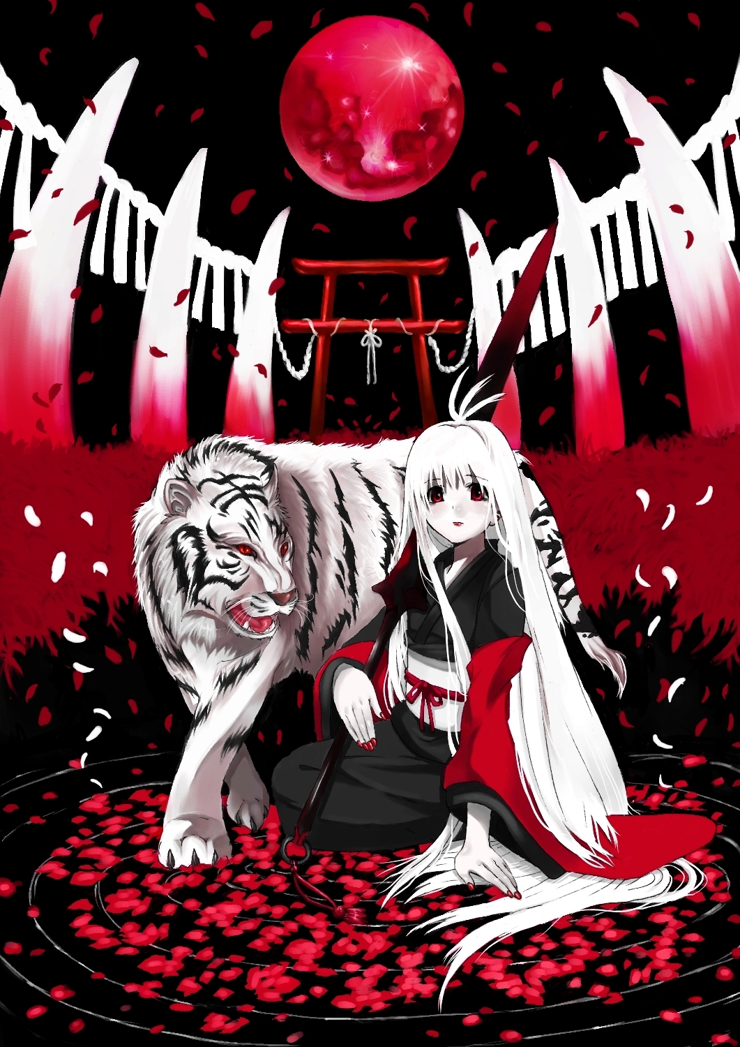 1girl highres japanese_clothes lipstick long_hair makeup moon original pale_skin palmeros petals polearm red_moon shide shrine solo tiger torii weapon white_hair white_skin