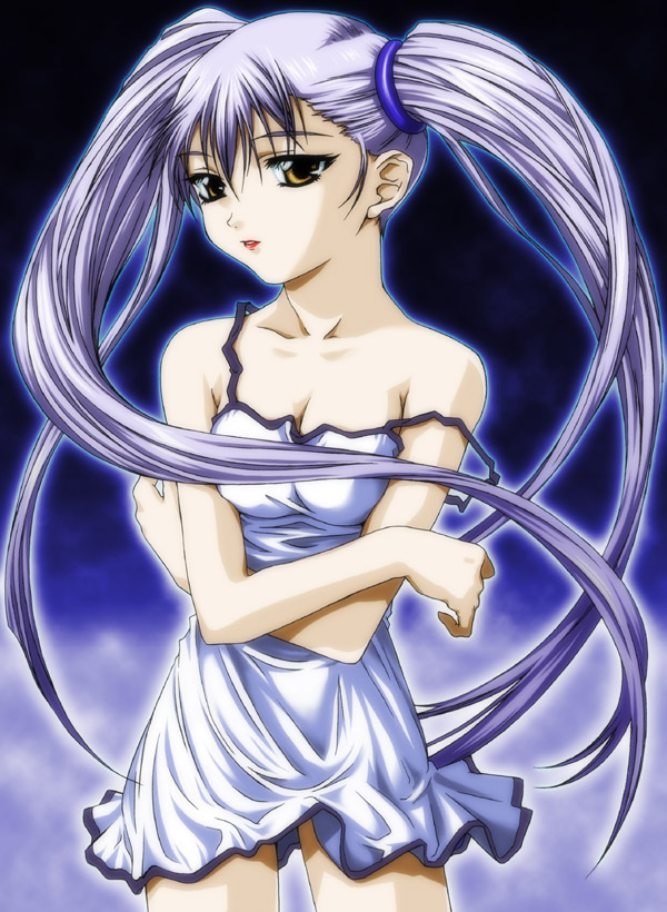 90s bare_shoulders dress hoshino_ruri kidou_senkan_nadesico kidou_senkan_nadesico_-_prince_of_darkness lipstick long_hair makeup twintails undressing