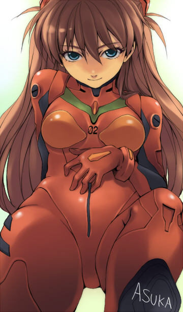 1girl arm_behind_back bad_id bangs blue_eyes bodysuit bracer brown_hair character_name crotch foreshortening from_below gloves hair_between_eyes hair_ornament hand_on_own_stomach light_smile long_hair looking_at_viewer neon_genesis_evangelion number pilot_suit plugsuit redhead ryou_(kimagure) smile solo souryuu_asuka_langley turtleneck two_side_up