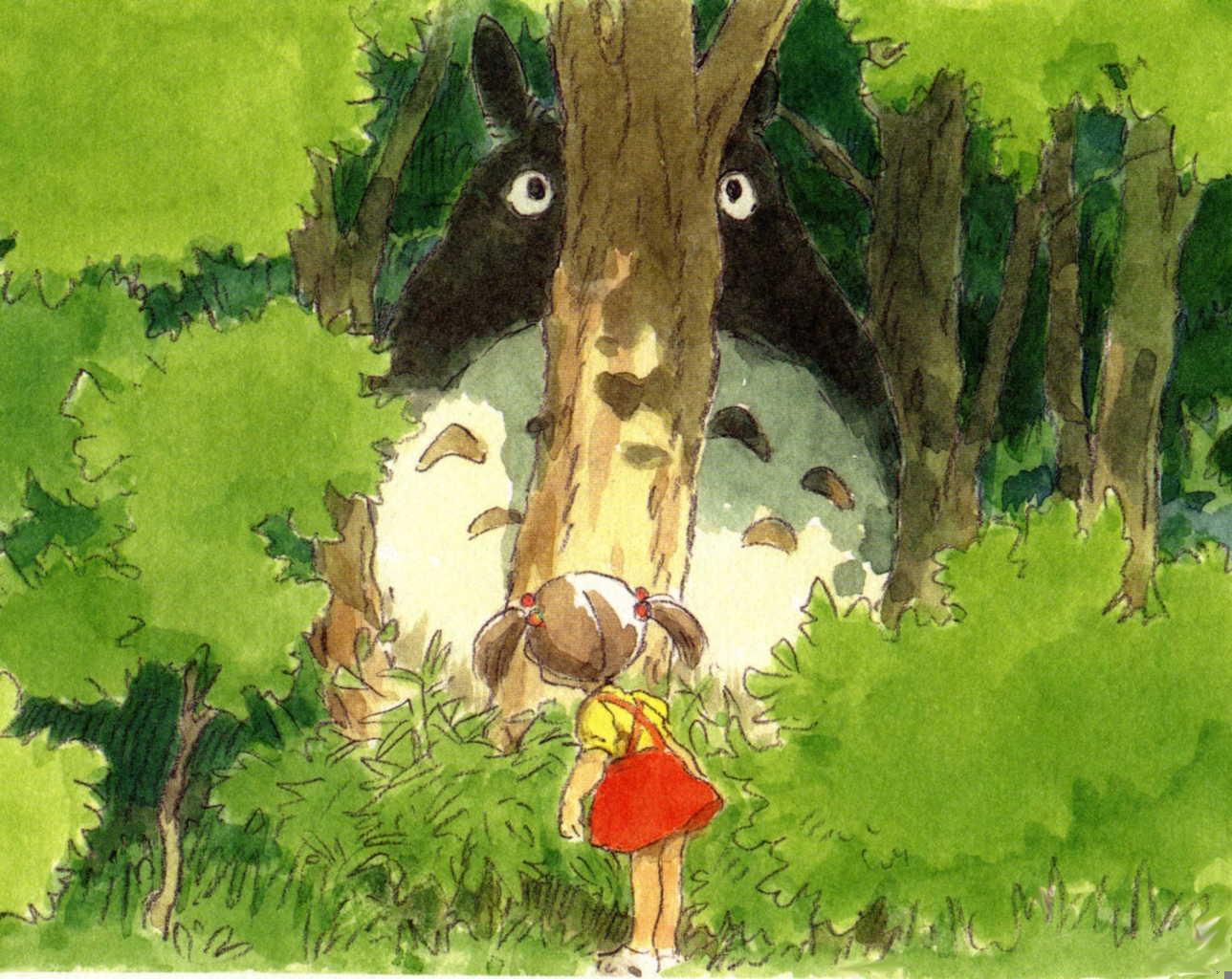 1girl 80s back brown_hair bush child forest grass green hair_bobbles hair_ornament hiding kusakabe_mei leaning_forward legs_together long_hair looking_at_another nature outdoors puffy_short_sleeves puffy_sleeves red_skirt shirt shoes short_sleeves skirt standing studio_ghibli suspender_skirt suspenders tonari_no_totoro totoro tree twintails white_shoes yellow_shirt