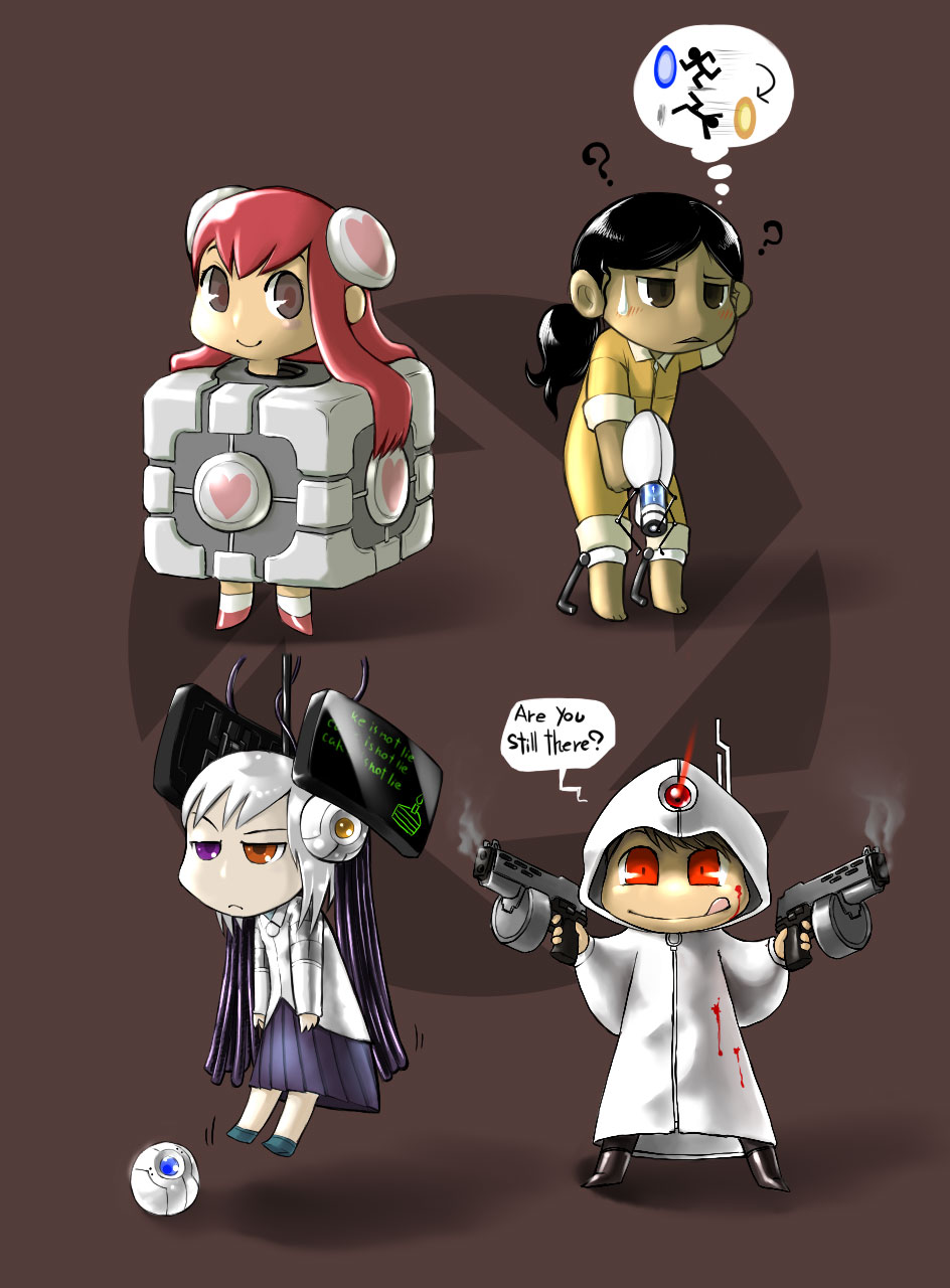 4girls aperture_science_handheld_portal_device black_hair blood brown_eyes brown_hair chell chibi cube everyone glados glados-tan gun heart heterochromia highres hood multiple_girls personification pink_hair ponytail portal red_eyes silver_hair skirt spoilers tongue triangle_mouth turret turret_(portal) valve weapon weighted_companion_cube white_hair