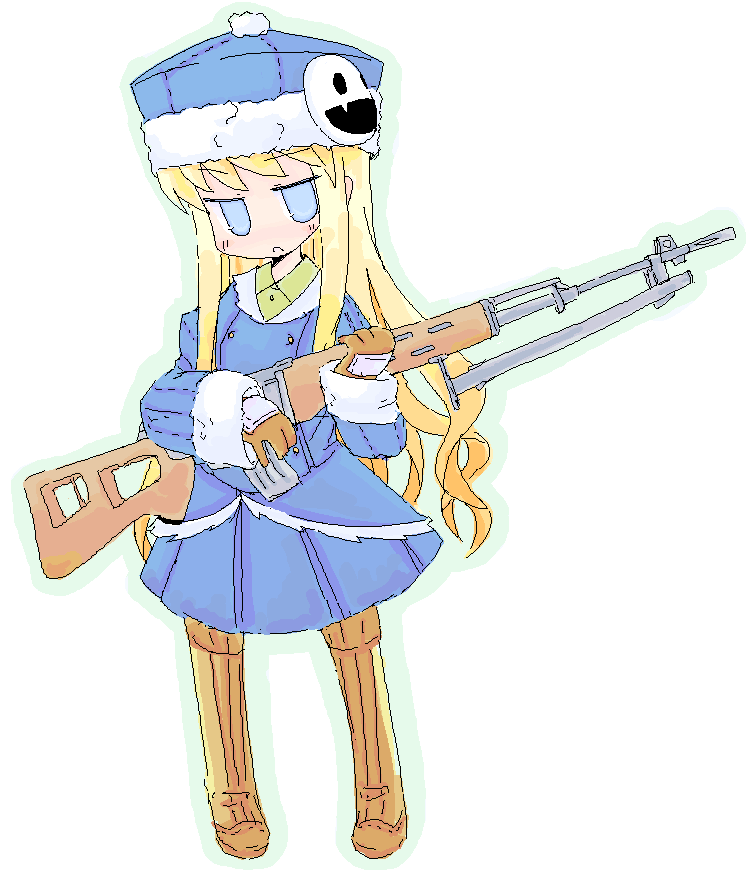 1girl atlus bullpup dragunov_svd fur_hat gun gunner hat jack_frost luu oekaki rifle sekaiju_no_meikyuu sniper_rifle solo suppressor weapon