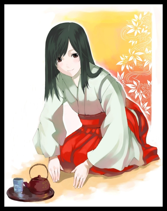 1girl japanese_clothes miko original palmeros red_hakama seiza sitting solo tea