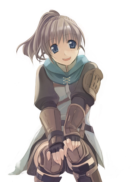 1girl :d arm_guards armor belt blue_eyes brown_hair cowboy_shot final_fantasy final_fantasy_xi hands_on_own_knees hume leather looking_at_viewer open_mouth ranger scarf short_hair shoulder_pads simple_background sitting smile solo white_background
