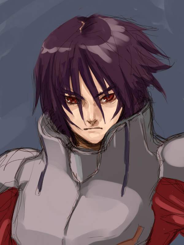 00s 1boy armor blue_background closed_mouth frown gundam gundam_seed gundam_seed_destiny hair_between_eyes looking_at_viewer male_focus purple_hair red_eyes shinn_asuka sketch solo upper_body