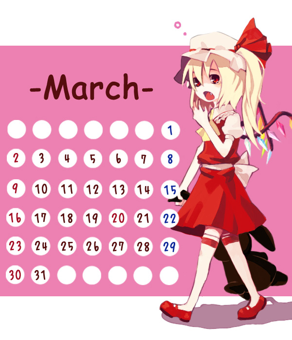 1girl ascot blonde_hair calendar collar dress female flandre_scarlet from_side full_body holding long_hair march mary_janes number red_dress red_eyes shaded_face shadow shoes side_ponytail sleepy solo takishima_asaka thigh_strap touhou walking wings yawning