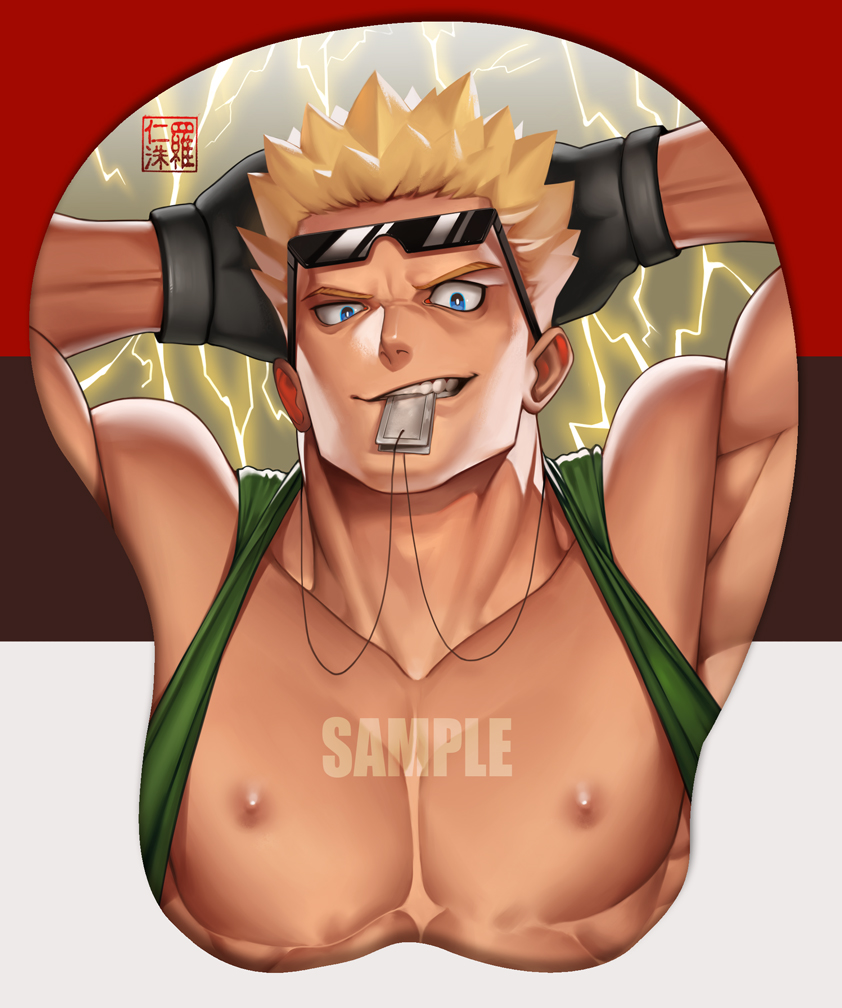 1boy arms_behind_head black_gloves blonde_hair blue_eyes breast_mousepad bright_pupils commentary dog_tags english_commentary furrowed_eyebrows gloves looking_at_viewer male_focus mouth_hold muscular muscular_male na_insoo nipples pokemon pokemon_(game) pokemon_hgss sample short_hair solo spiky_hair sunglasses surge_(pokemon) teeth