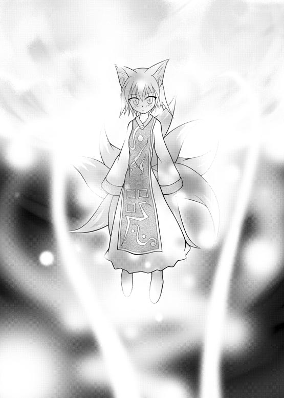 1girl animal_ears animal_hat arms_at_sides expressionless female floating fox_ears fox_tail full_body hat long_sleeves looking_at_viewer monochrome multiple_tails no_hat pillow_hat sleeves_past_wrists solo tabard tail tassel touhou wide_sleeves yakumo_ran