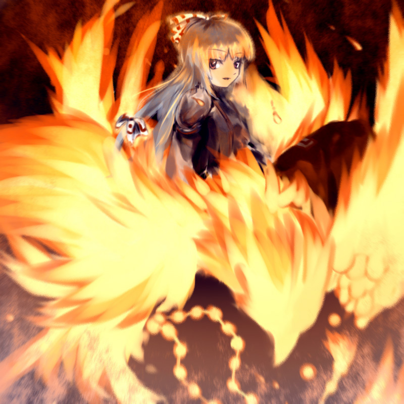 1girl :d bird creature female fire flame fujiwara_no_mokou long_sleeves looking_at_viewer open_mouth phoenix red_eyes shadow shoulder_pads silver_hair smile solo standing touhou upper_body