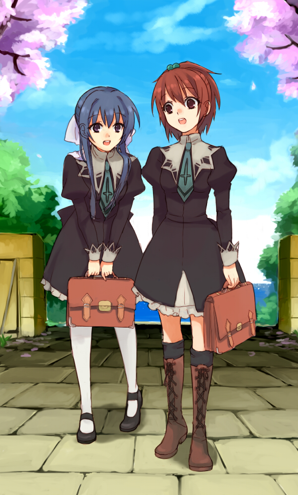 15 2girls aoi_nagisa bangs black_dress black_legwear black_shoes blue_hair boots bow briefcase brown_boots brown_eyes brown_hair cherry_blossoms clouds cross cross-laced_footwear cross_print dress full_body hair_bobbles hair_bow hair_ornament holding holding_bag inverted_cross juliet_sleeves kneehighs lace-trimmed_sleeves lace-up_boots legs_apart long_hair long_sleeves looking_at_another mary_janes multiple_girls necktie ocean open_mouth outdoors pantyhose pavement petals ponytail puffy_sleeves school_uniform shadow shoes sidelocks sky sleeves_folded_up strawberry_panic! suzumi_tamao tree v_arms wallpaper white_legwear