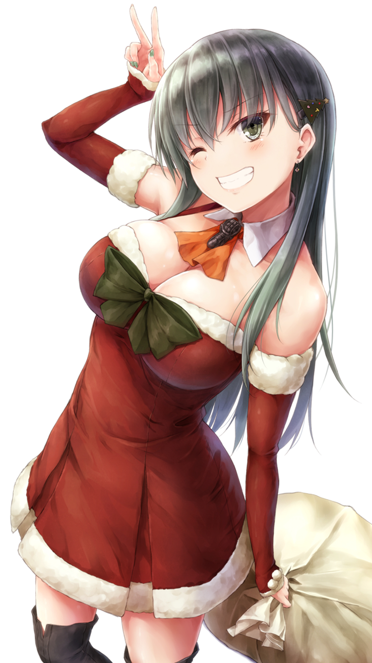 1girl aqua_eyes aqua_hair arm_warmers bare_shoulders black_legwear breasts christmas christmas_tree_hair_ornament cleavage collarbone detached_collar dress eyebrows_visible_through_hair fingernails from_above green_eyes green_nails grin hair_ornament hairclip highres kantai_collection large_breasts long_hair looking_at_viewer nail_polish neckerchief one_eye_closed red_dress sack simple_background smile solo suien suzuya_(kantai_collection) thigh-highs upper_body v white_background