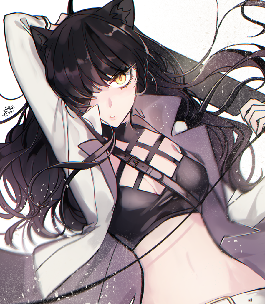 1girl arm_up belt black_hair blake_belladonna breasts cleavage crop_top dutch_angle ecru floating_hair hair_over_one_eye holding holding_sword holding_weapon jacket long_hair looking_at_viewer medium_breasts midriff navel open_clothes open_jacket parted_lips rwby signature simple_background solo stomach sword upper_body weapon white_background white_jacket yellow_eyes