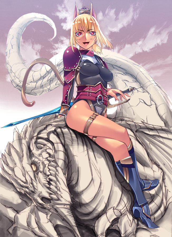 1girl animal_ears blonde_hair breasts cat_ears cat_tail erect_nipples final_fantasy final_fantasy_xi large_breasts looking_at_viewer mithra no_bra red_eyes sword tail weapon