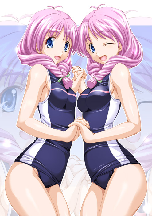 2girls antenna_hair blue_eyes breast_press breasts front_ponytail hair_ribbon hand_holding multiple_girls one-piece_swimsuit one_eye_closed pink_hair purple_school_swimsuit ribbon school_swimsuit shirayuki_maho shirayuki_miho shiruko siblings single_vertical_stripe sisters smile swimsuit symmetrical_docking symmetry tokimeki_memorial tokimeki_memorial_2 twins wink zoom_layer