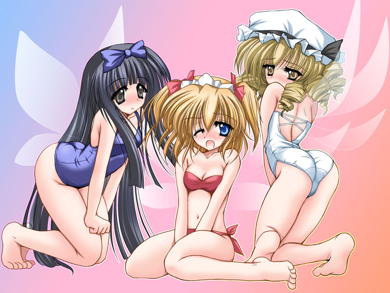 3girls ass barefoot bikini breasts danshaku fairy female full_body gradient gradient_background hair_ribbon hat luna_child multiple_girls one-piece_swimsuit perfect_memento_in_strict_sense ribbon school_swimsuit star_sapphire sunny_milk swimsuit touhou wings